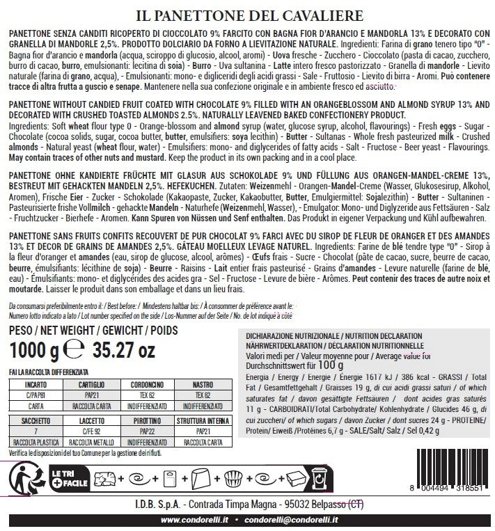 Dark Chocolate Panettone del Cavaliere 1kg Condore